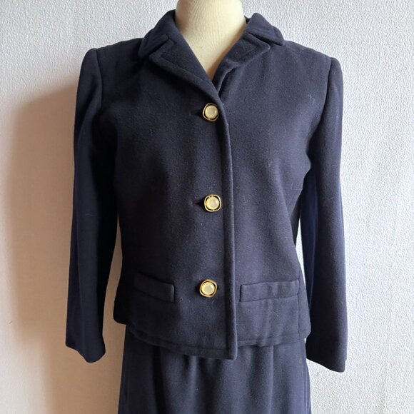 Navy Blue Wool Boxy Jacket Slim Skirt Woman's Suit - Picture 2 of 13